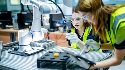 A female engineer in safety glasses and a vest inspects a high tech robotic arm. She is focused, working in a modern smart factory with a colleague.