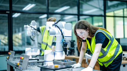 Two female engineers in safety vests collaborate in a tech lab. One woman in gloves inspects a high...