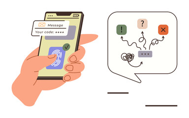 Smartphone displays secure login with fingerprint scan, verification code, alert icons in speech bubble. Ideal for security, technology, access control, data protection, cybersecurity, online