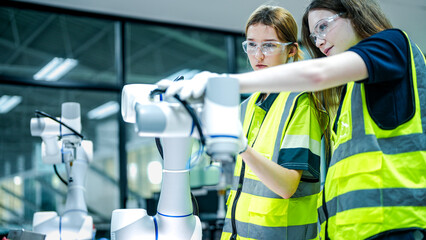 Two female robotics engineers in an R&D lab troubleshoot an AI cobot. One inspects the arm's hardware while the other reviews diagnostic data for the system.