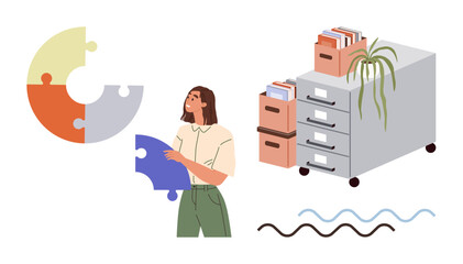 Woman holding puzzle piece near filing cabinets with documents and plants. Ideal for organization, problem solving, productivity, creativity, teamwork, data management, filing. Simple flat metaphor