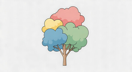 Whimsical Multi-Color Tree Illustration Symbolizing Nature's Diverse Beauty and Vibrant Growth in a Serene Landscape