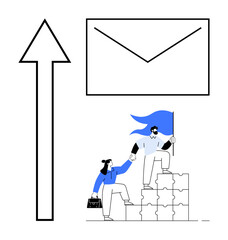 Professionals climbing puzzle blocks, carrying a flag, with an envelope and upward arrow symbolizing communication, teamwork, success, and growth. Ideal for business, leadership, collaboration goal