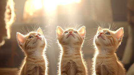 Cute orange kittens looking up with curiosity and wonder, illuminated by soft light, creating warm and heartwarming atmosphere