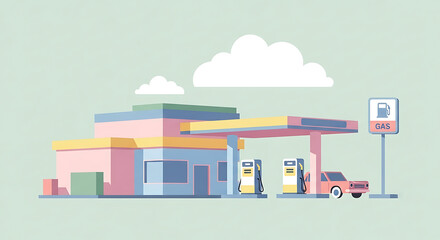 Colorful vector illustration of a gas station with a car at the fuel pump. Modern flat design concept for automotive services and travel