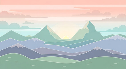 Minimalist geometric mountain range landscape illustration with a soft sunrise and pastel sky