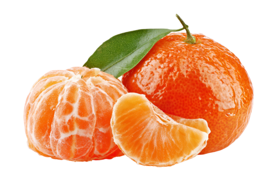 Fresh clementine oranges with leaves and segments on black background