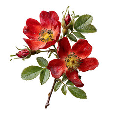 Fototapeta premium Vibrant red wild roses with green leaves against a dark background