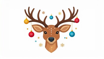 Illustration of reindeer with festive baubles and snowflakes in white background