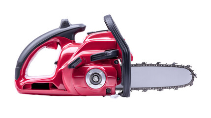 Fototapeta premium Powerful red chainsaw isolated on black background for woodworking and forestry