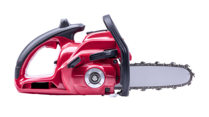 Powerful red chainsaw isolated on black background for woodworking and forestry