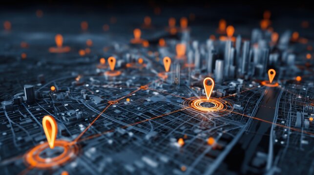 A digital map displays numerous illuminated location markers, representing data points across a complex network, highlighting connectivity and technological advancements in a modern setting.