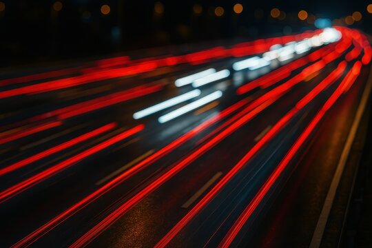 Dynamic long exposure photograph of light trails from fast moving vehicles creating streaks of red and white light patterns on urban highway at night showing motion speed and transportation energy - Powered by Adobe
