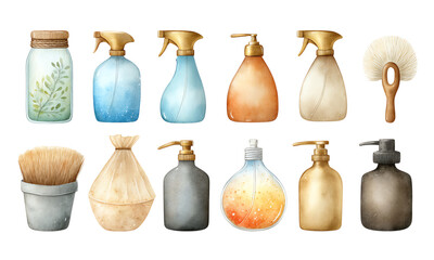 Colorful cleaning products in various bottles and jars for modern home aesthetics.
