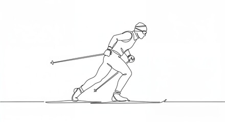 A dynamic cross-country skier in a minimalist single-line style propels forward with poles, wearing a full ski suit, goggles, and hat against a clean white background.