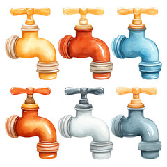 Colorful water taps in various styles are creatively arranged for design purposes.