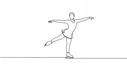 A graceful female figure skater balances elegantly on one skate with arms outstretched in a minimalist continuous line art style against a clean white background.