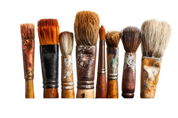 Collection of well used paint brushes with textured bristles and handles