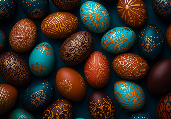 Colorful Easter eggs in various sizes and colors arranged beautifully, showcasing intricate designs and patterns, creating festive atmosphere
