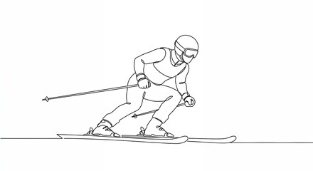 A focused person wearing a helmet and goggles skis down a slope, depicted in a minimalist single line art style against a clean white backdrop.