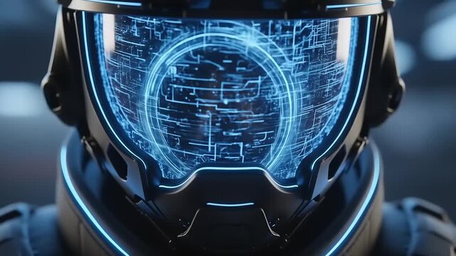 Futuristic Robot Head with Glowing Blue Circuitry Displayed on Visor.