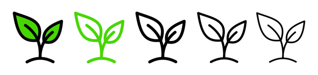 Set of sprout icons in outline flat styles. Vector illustration of spring symbols in black and green colors.