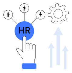 Hand pointing at HR connecting to team members, gear for operations, upward arrows for growth. Ideal for HR, recruitment, teamwork, efficiency, collaboration career management. Simple flat metaphor