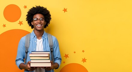 A cheerful student with books against a bright yellow background, radiating enthusiasm, knowledge, and the excitement of learning and academic pursuits