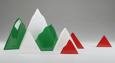 Glossy green, white, and red geometric shapes, resembling a stylized landscape or data visualization, are arranged on a clean light grey background.