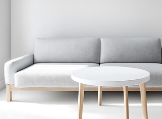 Modern grey sofa and round white coffee table create stylish and minimalist living space, perfect for relaxation and comfort