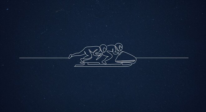 Two stylized individuals in helmets and sportswear are depicted bobsledding on a linear track, rendered as a continuous white line against a deep blue, textured background.