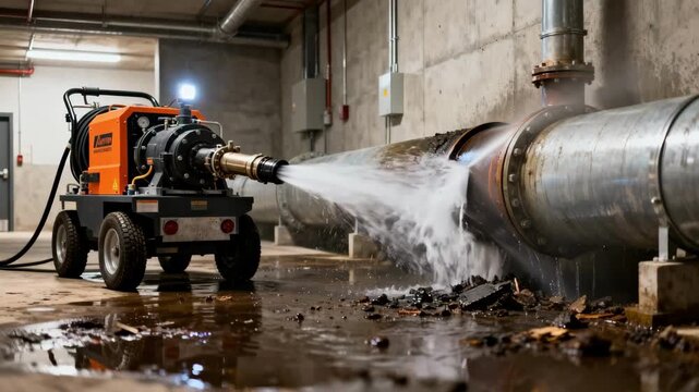 Highpower hydrojetting equipment in action within a commercial building aggressively cleaning largediameter pipes to maintain industrial wastewater systems.