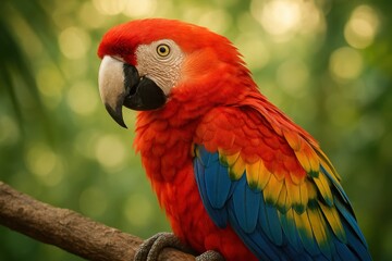 Obraz premium Vivid macaw parrot perched on branch vibrant plumage against lush tropical greenery