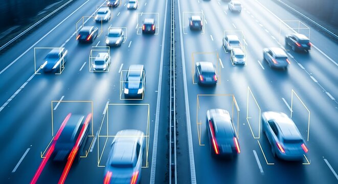 Cars driving on a highway with autonomous driving technology and artificial intelligence, showcasing the future of transportation and automotive innovation