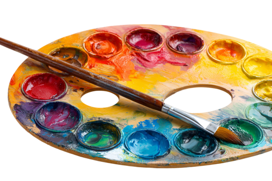 Artist s wooden palette with colorful paints and a brush