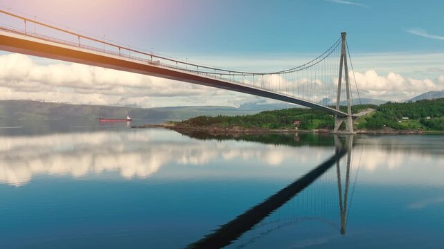Aerial shot of the Halogaland Suspension Bridge near the town of Narvik in Northern Norway.