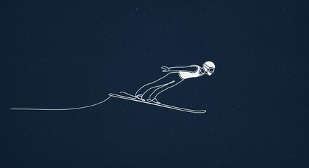 A stylish graphic illustration shows a lone ski jumper gracefully soaring across a deep blue textured background with subtle white specks.