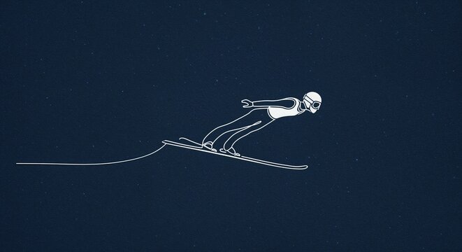 A stylish graphic illustration shows a lone ski jumper gracefully soaring across a deep blue textured background with subtle white specks.