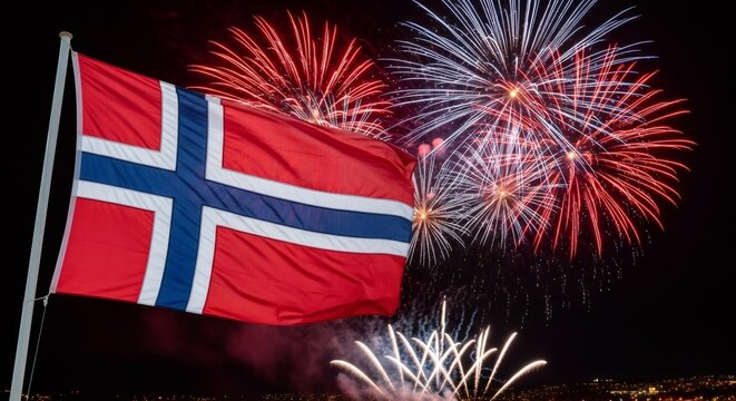 Norway flag with fireworks in night sky for national celebration. Nordic culture and national identity. Independence day festive display.