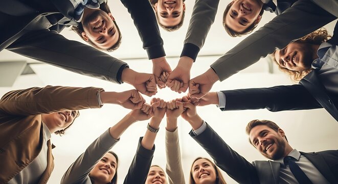 United business team joining hands in a circle, symbolizing teamwork, collaboration, and shared success in a corporate environment