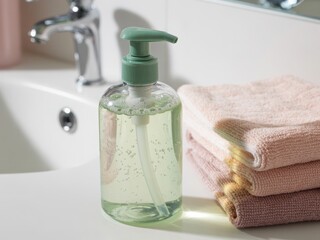 Hand soap bottle with towels and faucet on white background