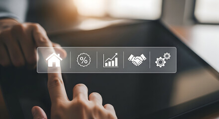 Hands using tablet with business icons for finance, growth, partnership, and strategy