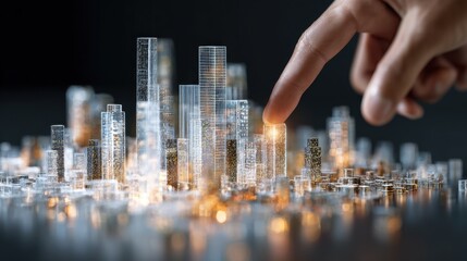 A hand touches a glowing miniature cityscape, symbolizing technology and innovation, with a focus on futuristic urban development and digital transformation.