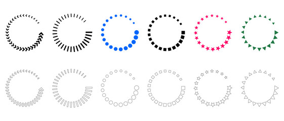 Vector illustration of templates of 12 stylized circular symbols arranged in two rows of six in form of dots, circles, squares, sticks, stripes, triangles, stars, arrows in geometric progression.