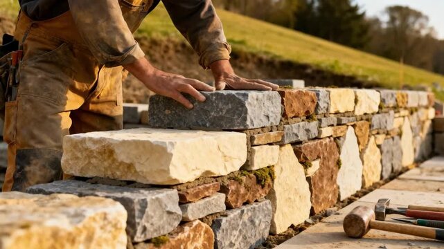 Closeup medium shot of stacked natural stone blocks being carefully arranged by skilled masons to build a decorative retaining wall