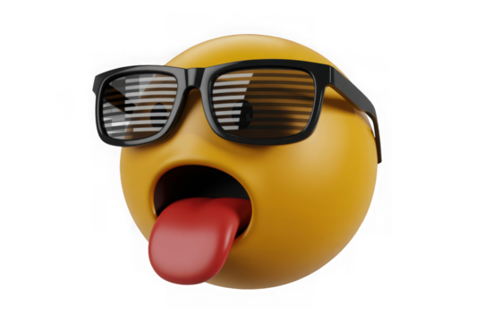 Cool 3d rendered yellow emoji character with sunglasses and extended tongue