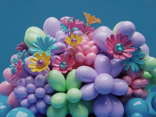 Colorful balloon flower arrangement with pastel shades on a blue backdrop