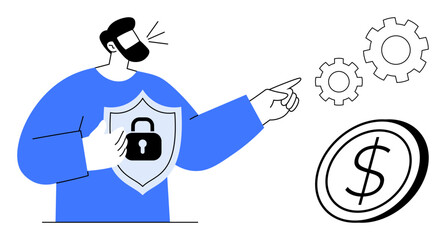 Man holding shield with lock symbol demonstrates financial security and operational efficiency with dollar coin and gears. Ideal for finance, security, technology, banking, business, protection