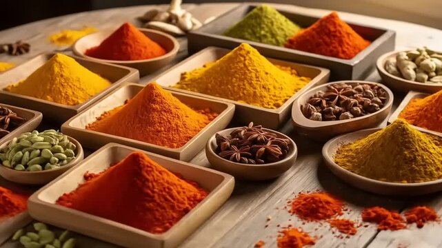 Vibrant Assortment of Spices in Wooden Bowls on a Rustic Table.