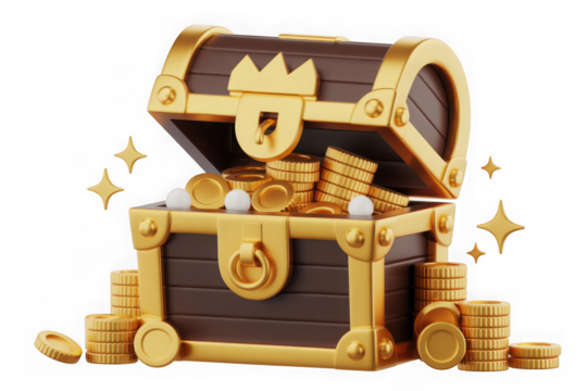 Open treasure chest overflowing with gold coins and sparkles 3d render